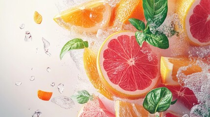 Wall Mural - Refreshing Citrus Splash: Grapefruit and Orange Slices with Fresh Mint and Ice Exploding in Water