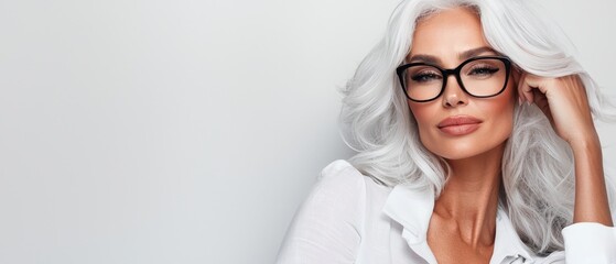 A woman with white hair wearing glasses