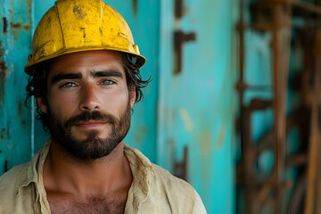 A rugged man with a beard and yellow hard hat poses against a weathered, turquoise backdrop, embodying the essence of hard work and resilience.