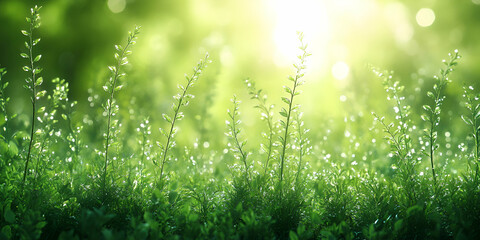 Lush green grass glimmers in sunlight, creating a serene and vibrant natural atmosphere.