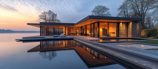 Wall Mural - Modern lakeside house with large glass windows and serene reflections at sunset.