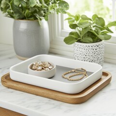 Sticker - White tray with wooden frame on a countertop with jewelry and two potted plants.