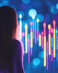 Canvas Print - Woman standing in front of a screen with colorful data visualizations, looking at the information.