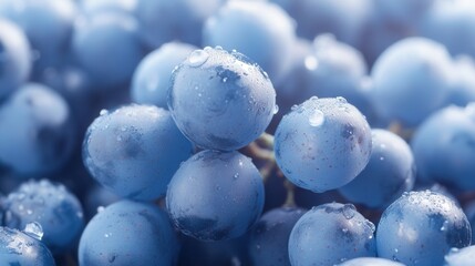 Sticker - A close-up of fresh blue grapes glistening with water droplets against a rich blue background during the harvest season