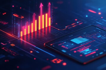 Poster - Digital illustration of upward trend with glowing bar graph