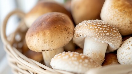 Sticker - Fresh assortment of mushrooms in a woven basket, showcasing earthy tones and macro details illuminated by studio lighting