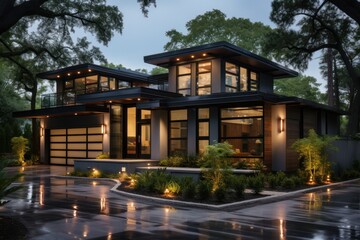 Wall Mural - Modern two-story house with large windows and landscaped surroundings at dusk.