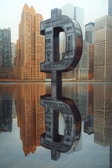 Poster - Giant dollar symbol towering over reflective city skyscrapers