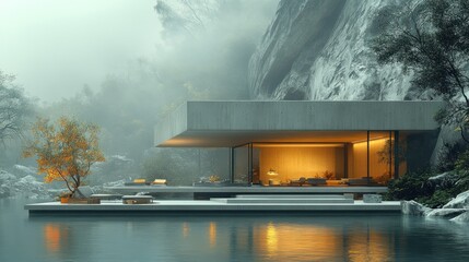 Wall Mural - Modern architectural design of a lakeside home surrounded by misty mountains and trees.