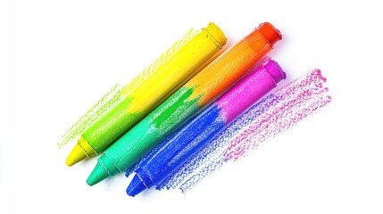 Leinwandbilder - Vibrant crayons in rainbow order, arranged in triangular formation against white background. Crayons slightly tilted, adding dynamic element to composition.