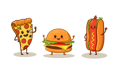 Wall Mural - Set of fast food characters isolated on white. Cartoon hamburger, slice of pizza, hot dog, cute burger. Flat style. Vector illustration