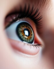 close-up look of the brown reflective eye of the girl.