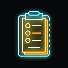 Poster - Glowing neon line clipboard with checklist icon isolated on black background. Vector illustration