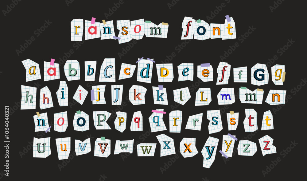 Vector ransom font isolated on black background. Diverse notebook ...