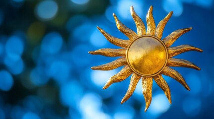 Wall Mural - a radiant gold sun icon, glowing against a blurred blue sky, with rays radiating warmth and celebrat
