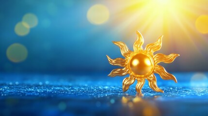 Wall Mural - a radiant gold sun icon, glowing against a blurred blue sky, with rays radiating warmth and celebrat