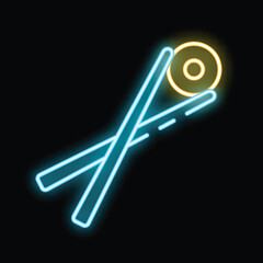 Poster - Glowing neon line sushi with chopsticks icon isolated on black background. Vector illustration