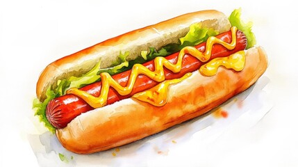 Watercolor Style Hot Dog on White Background for Food Illustration Generative AI