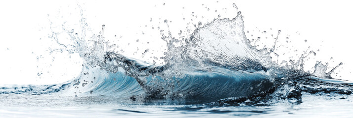 Poster - Large blue wave with curling crest splashes over light gray ocean surface. Deep blue water with small ripples. Horizon line separates ocean from clear sky. Low-angle view looks up at wave. Transparent