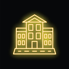 Poster - Yellow neon sign showing generic multi storey building with road at night