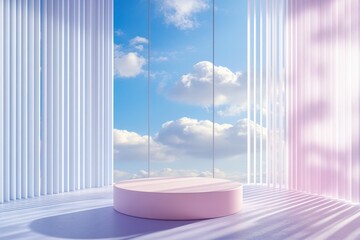Poster - Soft pastel podium with sunlight streaming through blinds