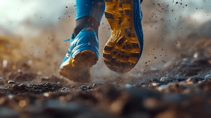 runner's feet kicking up dirt on a rocky trail during sunset