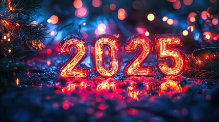 Wall Mural - glowing 2025 sign symbolizing upcoming new year with festive lights and pine branches