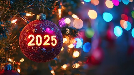 Wall Mural - glowing 2025 sign symbolizing upcoming new year with festive lights and pine branches