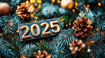 Wall Mural - glowing 2025 sign symbolizing upcoming new year with festive lights and pine branches