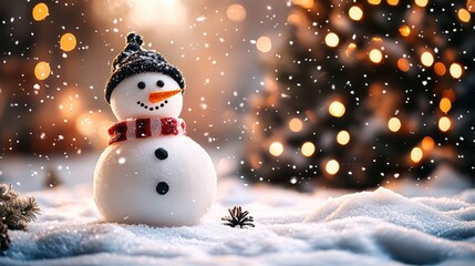 Wall Mural - snowman enjoying falling snow in front of christmas tree lights