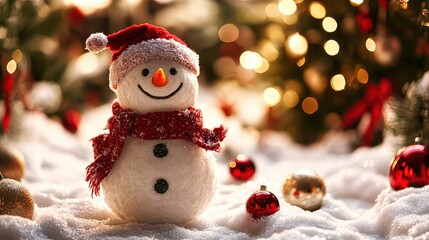 Wall Mural - snowman enjoying falling snow in front of christmas tree lights