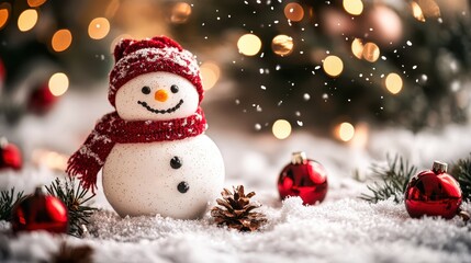 Wall Mural - snowman enjoying falling snow in front of christmas tree lights