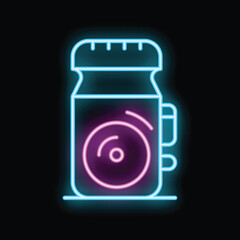 Poster - Neon sign representing hard drive storage icon glowing in blue and purple on black background