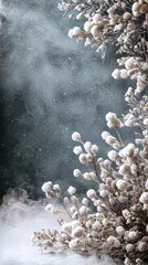 Wall Mural - christmas background with snowy fir tree branches and red berries on blue background