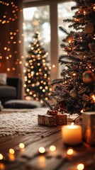 Wall Mural - christmas tree with gifts and candles creating warm atmosphere