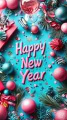 Wall Mural - happy new year greeting with colorful christmas decorations and falling confetti