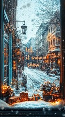 Wall Mural - let it snow writing on a window during winter holidays, with christmas decorations and blurred backg