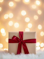 Wall Mural - a christmas gift box with a red ribbon against a bokeh background. a christmas present for a new yea