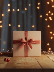Wall Mural - a christmas gift box with a red ribbon against a bokeh background. a christmas present for a new yea