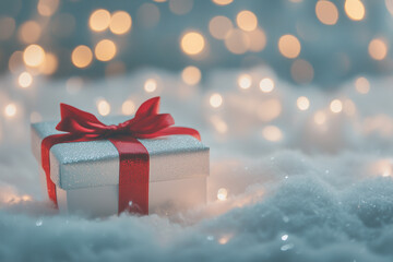 Wall Mural - A Christmas gift box with a red ribbon against a bokeh background. A Christmas present for a New Year celebration and holiday gift