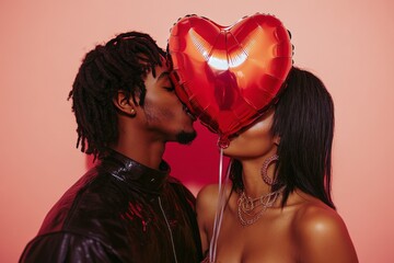 a couple shares a romantic kiss while hiding behind a red heart balloon against a pink background