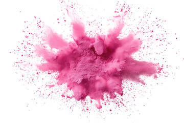 Poster - Vibrant pink powder explosion on transparent background. Powder particles scattered in directions, creating movement, energy. Unique perspective from slightly elevated angle. Depth added by varying