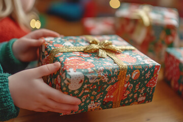 Wall Mural - childrens hands opening a Christmas gift.