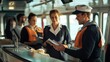 © mOuntase graphic - A captain in a white uniform and a black cap smiles and talks with his crew on a ship.