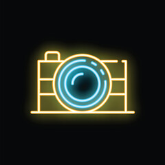 Poster - neon sign representing a photo camera, with its blue lens, is glowing in the dark