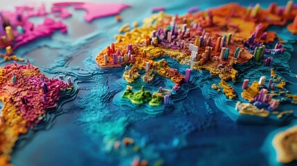 a colorful, stylized 3d map of the world with emphasis on europe.