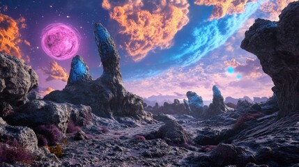 A surreal, otherworldly landscape with tall, jagged rock formations, glowing with an ethereal blue light, under a vibrant, pink and blue sky with two moons.