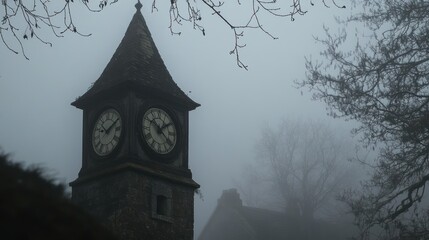 An old stone clock tower with two clock faces stands shrouded in fog, with bare branches reaching towards the sky.