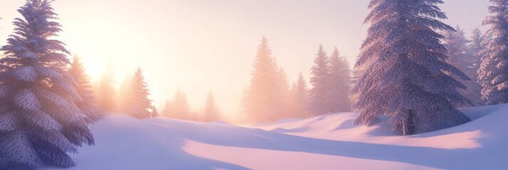 Wall Mural - Idyllic snowy landscape with gentle snowfall, tall fir trees, and soft morning light casting long shadows, creating a serene winter mood