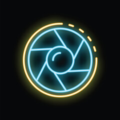 Poster - neon icon of camera shutter glowing on dark background, concept of photography and digital image